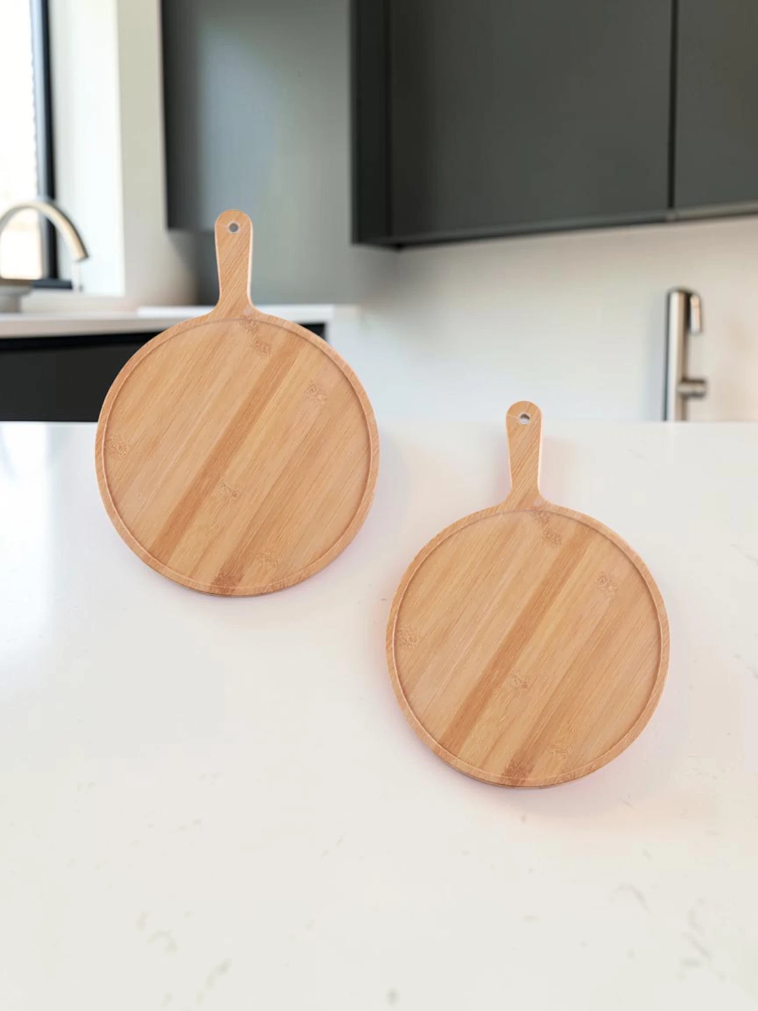 EasyCleanBoard Serving Tray Paddle, Bamboo Wood, 8-inch Round, Set of 2