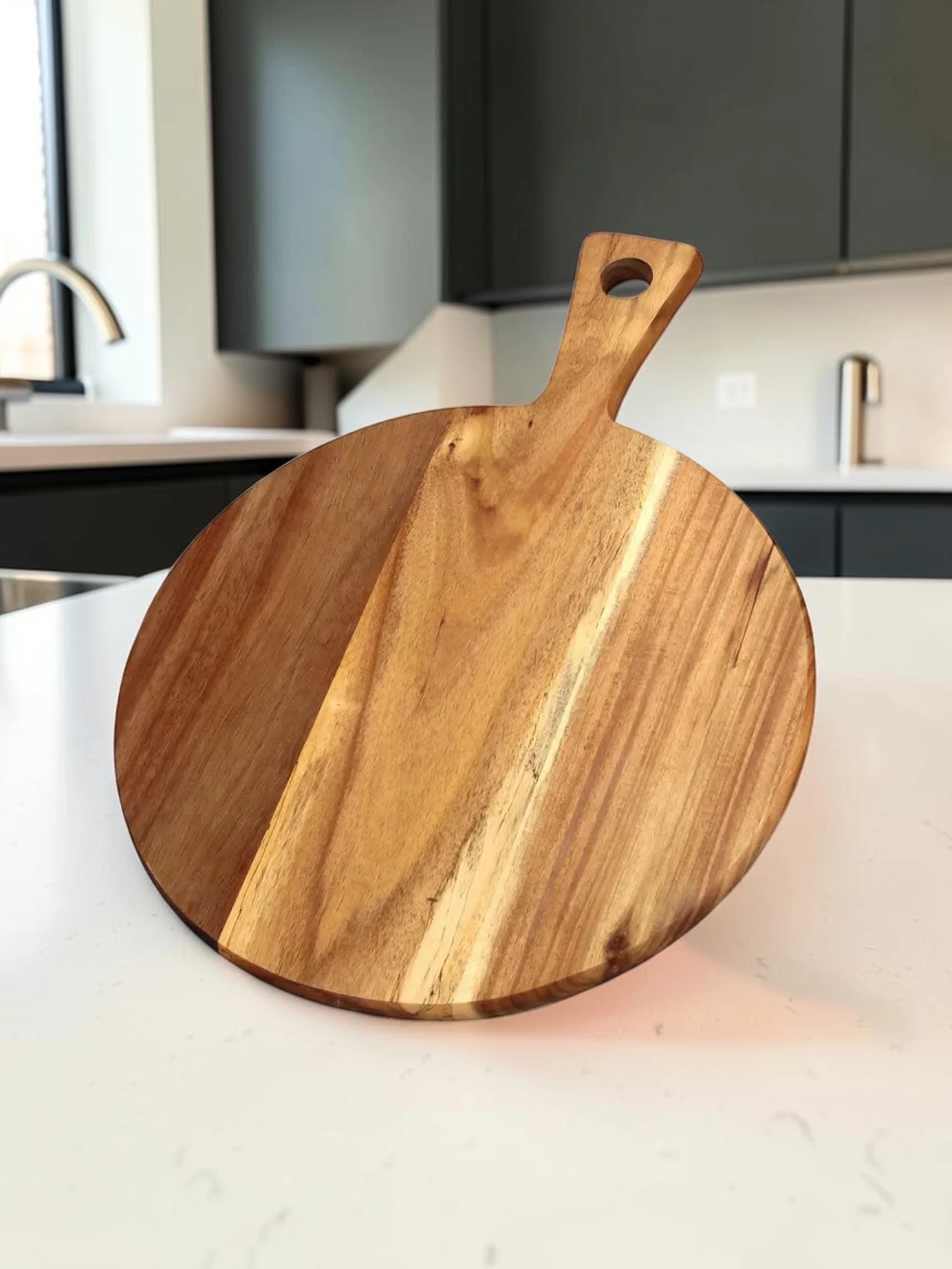 EasyCleanBoard Round Acacia Wood Cutting Board Serving Paddle 42cm x 30cm
