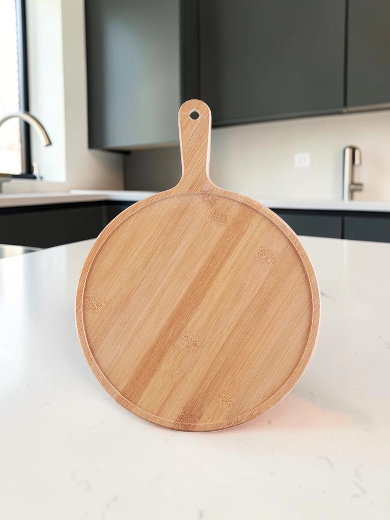 EasyCleanBoard Serving Tray Paddle, Blonde Bamboo Wood, 6 inch Round