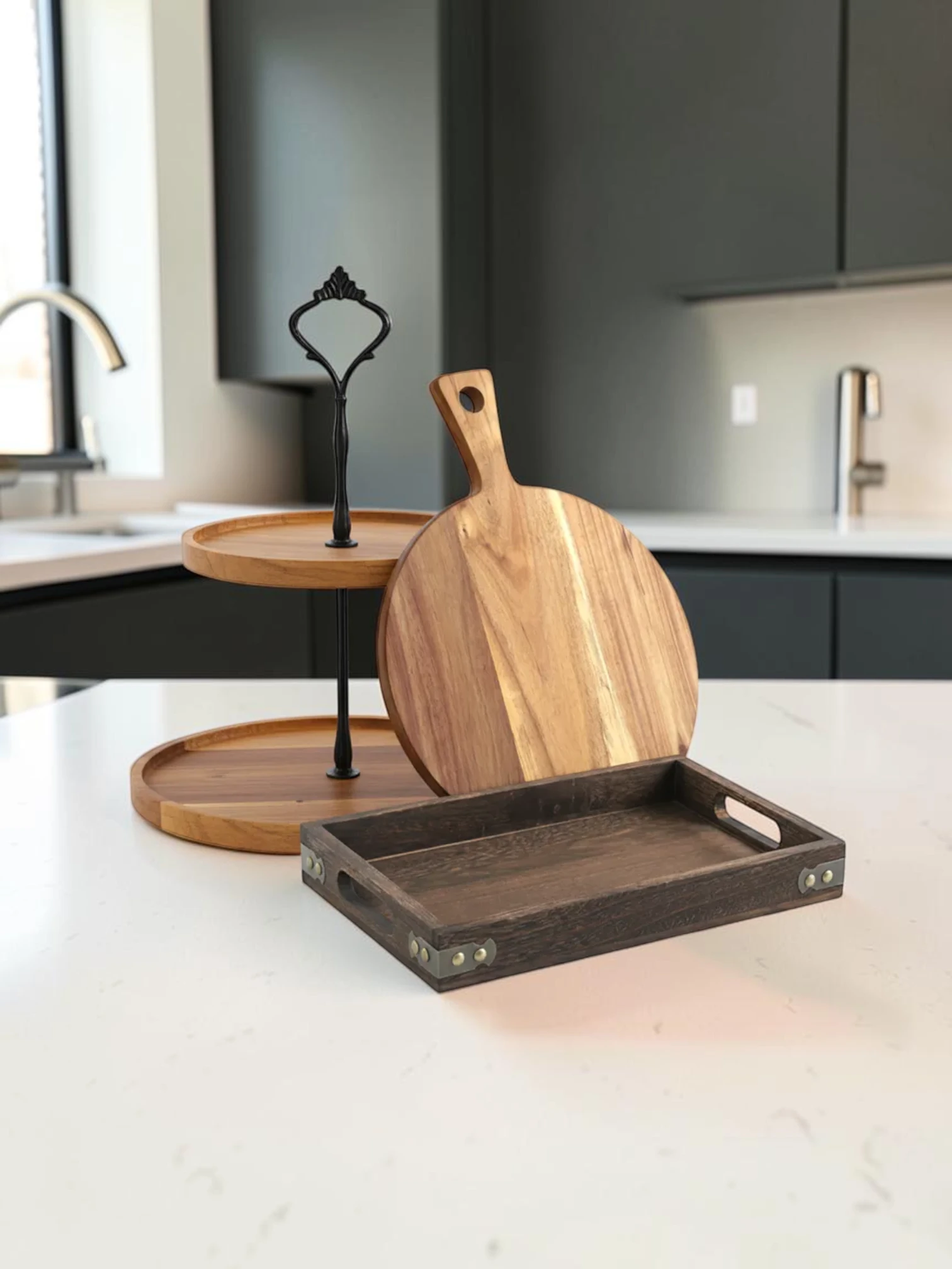 EasyCleanBoard Kitchenware Bundle, Acacia and Tung Wood Serving Set, 2-Tier Dessert Stand, Rectangular Tray and 42cm Cutting Board